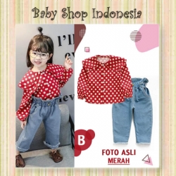 large PU598 Setelan Baju Anak Perempuan Lengan Panjang Kemeja Tunik Anak Perempuan Lengan Panjang Polkadot Celana Panjang Denim Anak Perempuan Merah